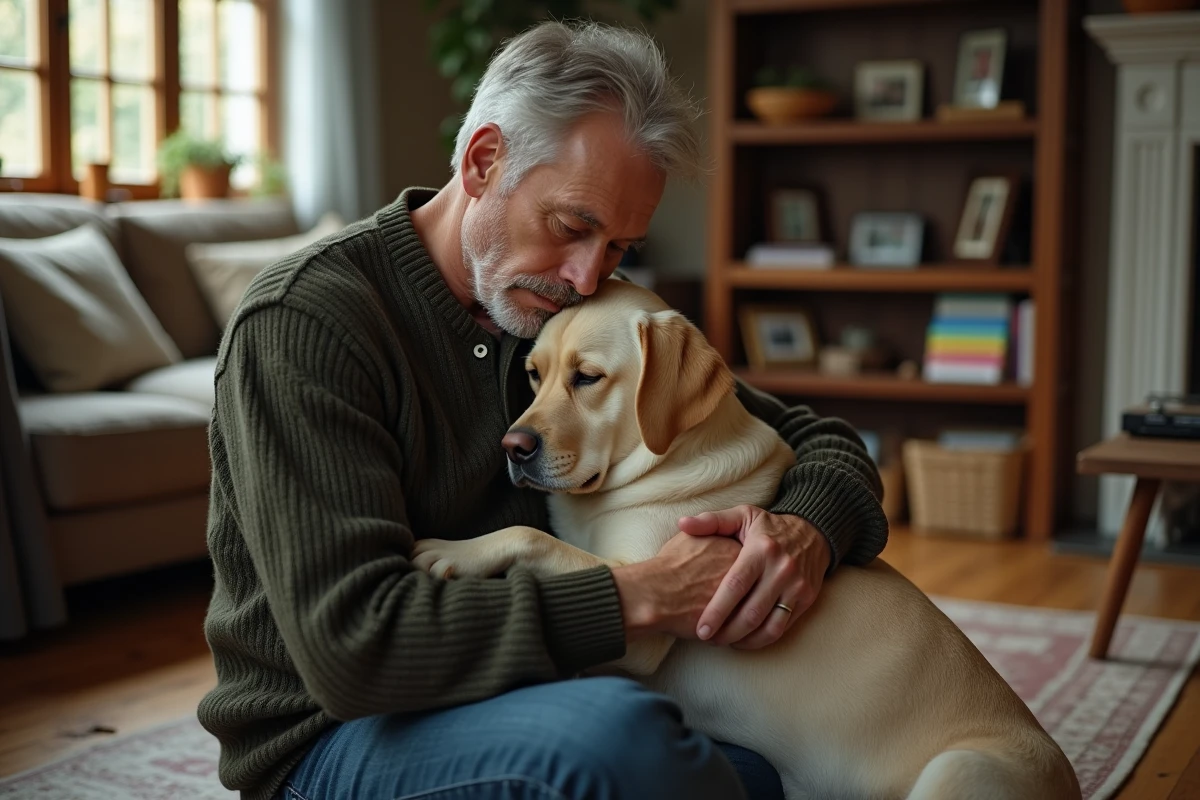 Propriétaire tenant son vieux chien dans ses bras à la maison dans un moment d'adieu émouvant