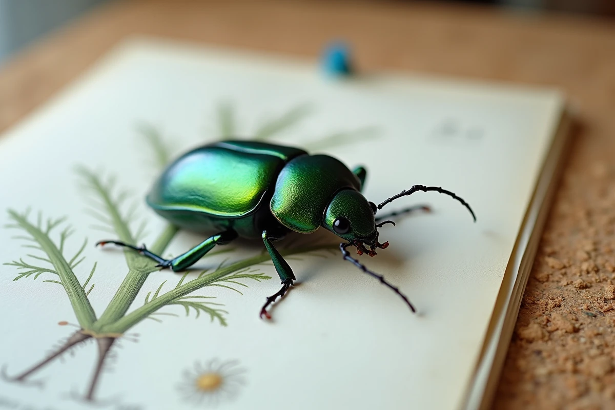 Gros plan d'un scarabée vert irisé posé sur une fiche d'identification imprimée avec son nom scientifique