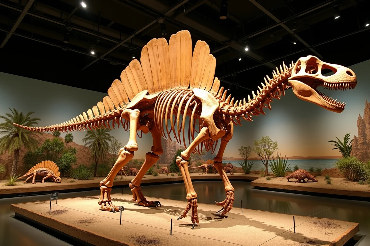 Réplique du squelette de Spinosaurus aegyptiacus montée dans un musée d'histoire naturelle, avec sa voile dorsale caractéristique et un diorama d'habitat fluvial reconstituant l'environnement semi-aquatique de ce grand prédateur