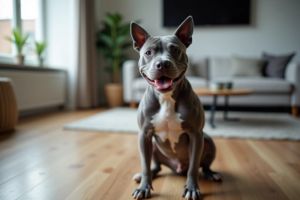 Staffie femelle assise à l'intérieur illustrant le gabarit trapu et la morphologie typique de la race