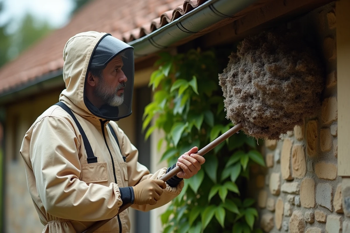 Technicien en protection antiparasitaire inspectant un nid de frelon noir sous la charpente d'une ferme en France