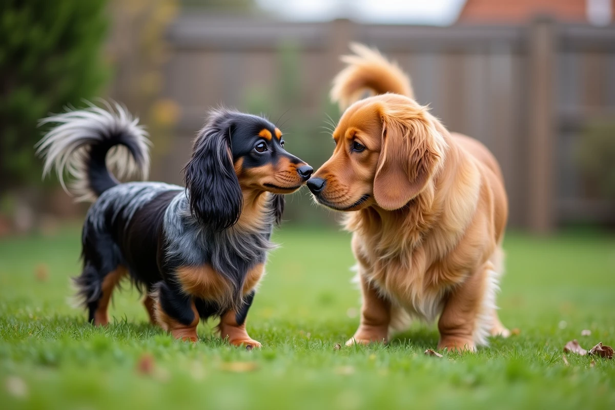 Teckel arlequin poil long face à face avec un golden retriever dans un jardin verdoyant
