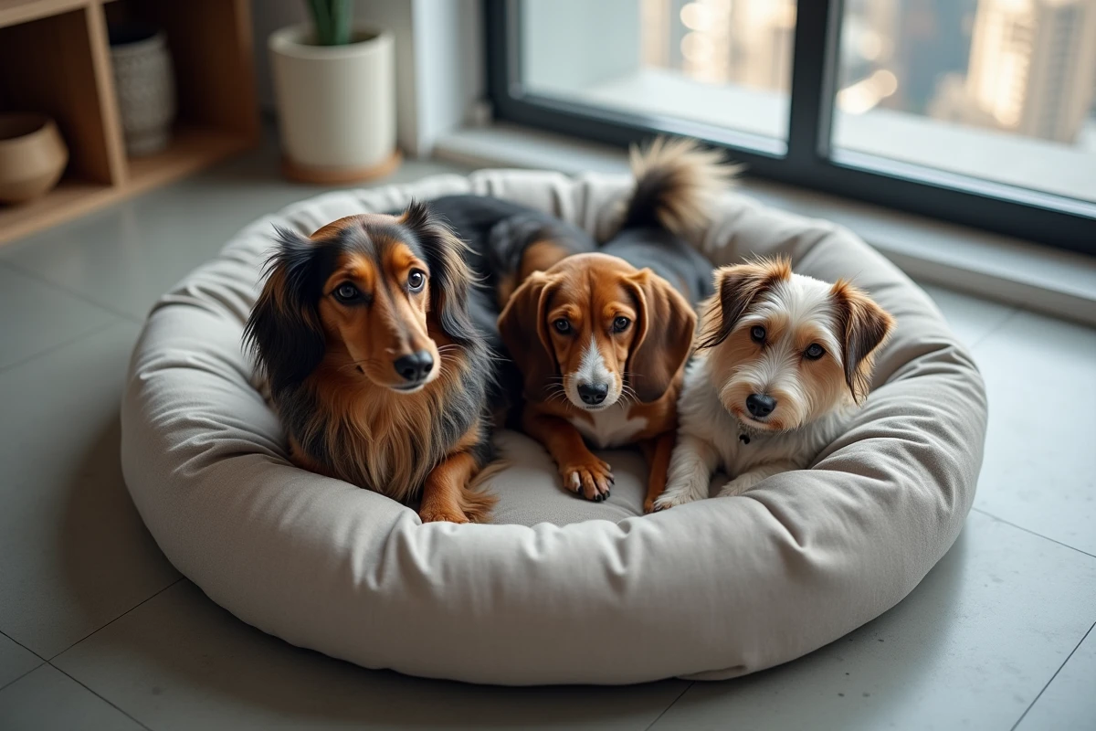 Teckel arlequin poil long dormant avec un beagle et un terrier sur un panier dans un appartement moderne