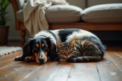 Teckel arlequin poil long allongé sur un plancher en bois à côté d'un chat tigré dans un salon rustique