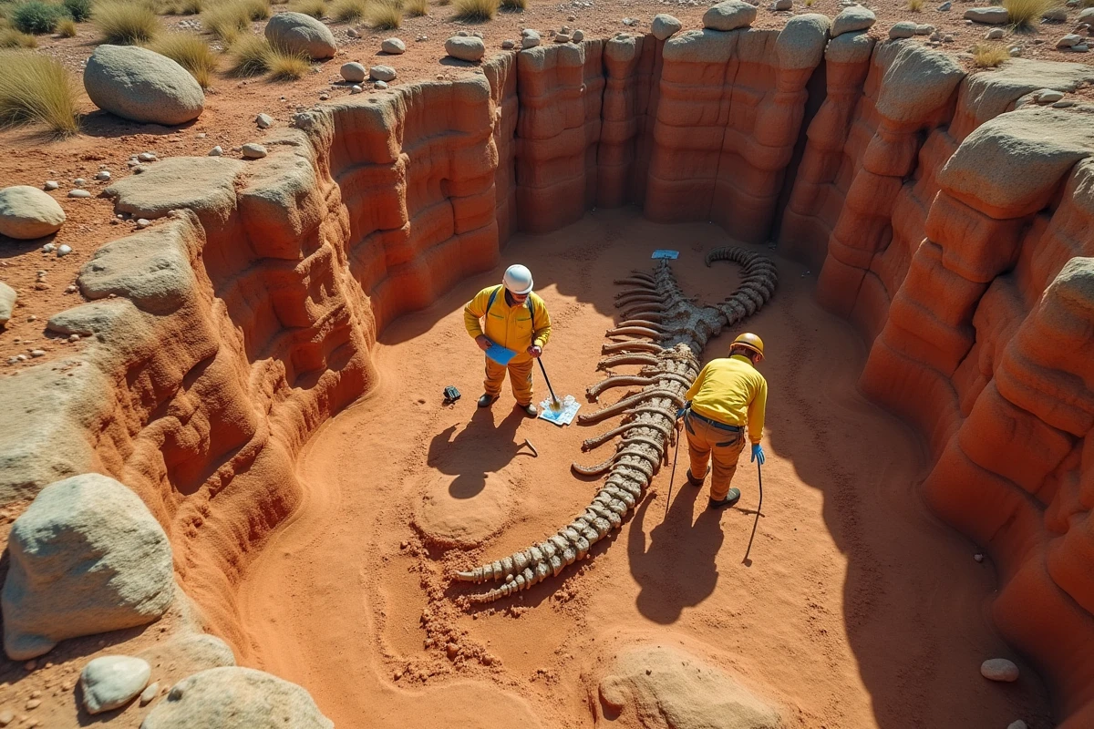 Site de fouilles paléontologiques en Patagonie argentine avec des ossements partiels du titanosaure de Neuquén encore en cours d'extraction et d'étude par deux chercheurs de terrain dans un paysage de badlands rougeâtres