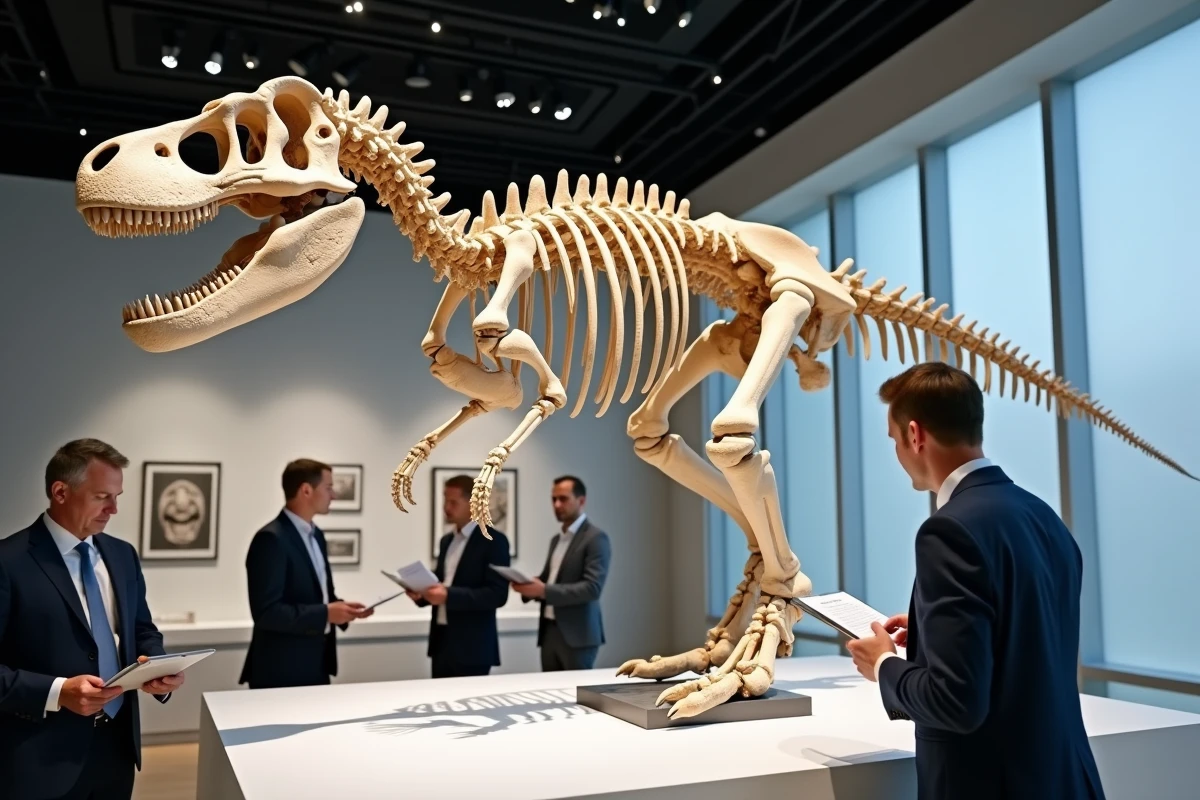 Squelette du Tyrannosaurus rex 'Gus' exposé dans une salle de vente aux enchères contemporaine avec du personnel en tenue formelle l'examinant, représentant le fossile de dinosaure le plus cher jamais vendu aux enchères