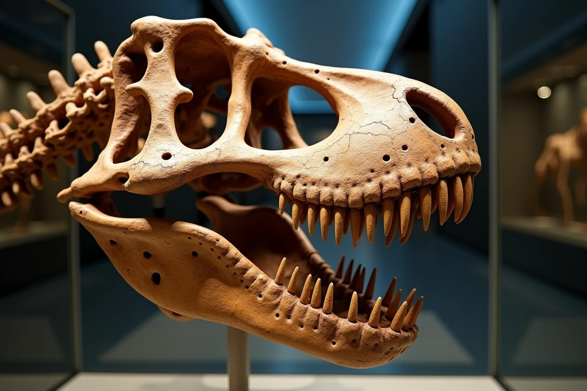 Crâne fossile du Tyrannosaurus rex 'Tristan Otto' présenté dans une vitrine de conservation dans un musée européen, illustrant le spécimen au crâne le plus complet d'Europe avec ses dents et sutures osseuses parfaitement préservées
