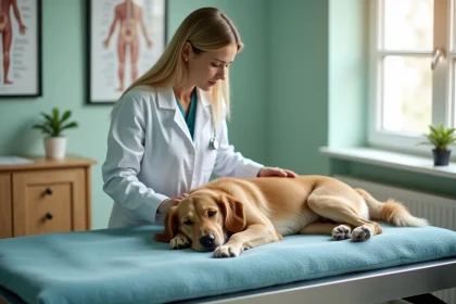 Vétérinaire accompagnant un vieux chien avec douceur lors d'une consultation en clinique vétérinaire