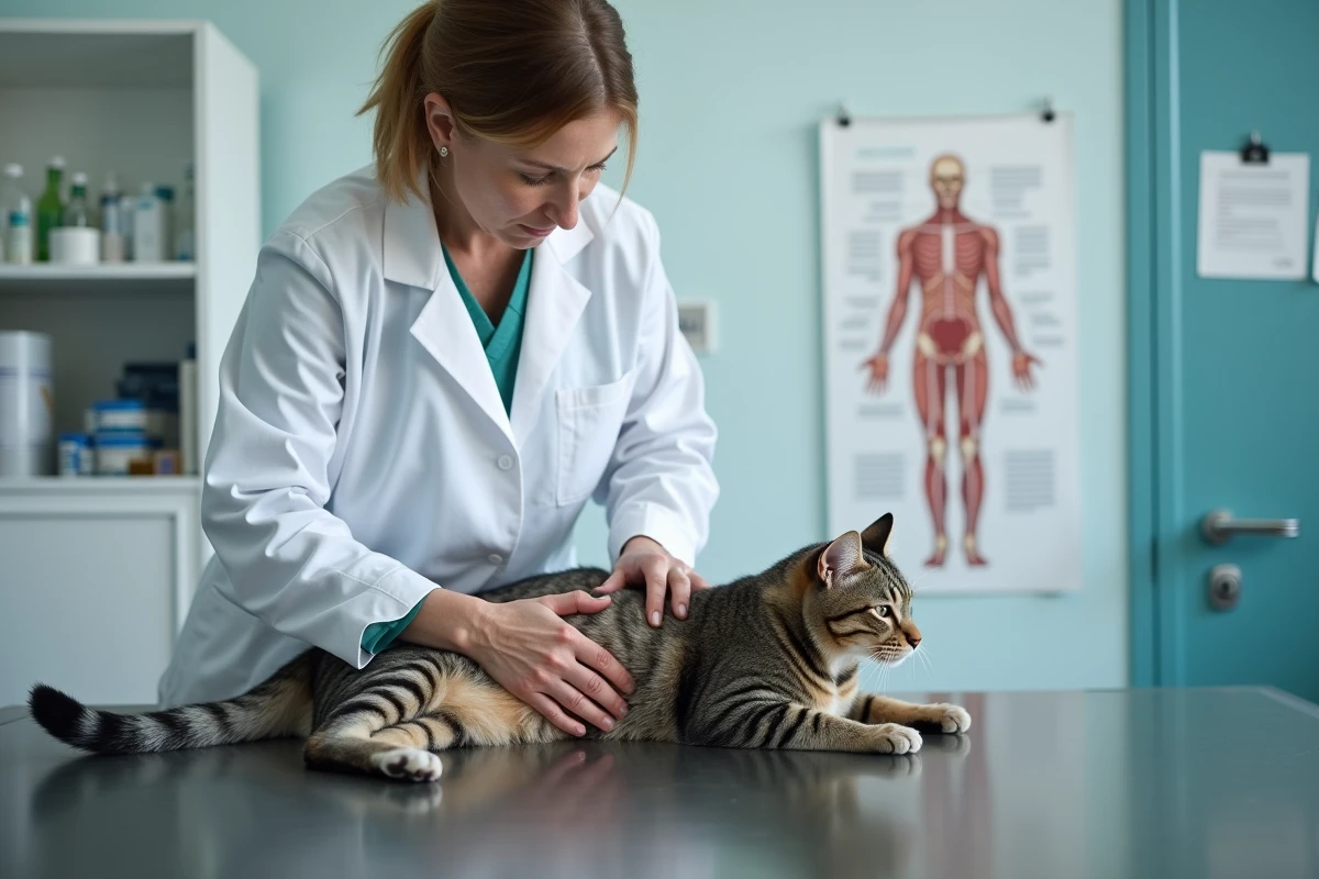 Vétérinaire examinant un chat tigré sur une table d'examen en clinique vétérinaire moderne pour dépistage de tumeurs mammaires