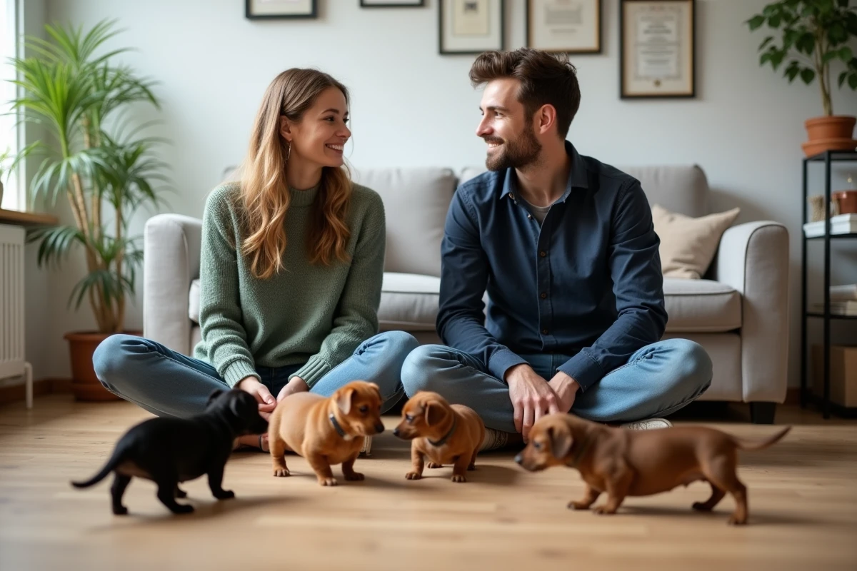 Couple en visite chez un éleveur de teckel nain interagissant avec des chiots dans un salon familial