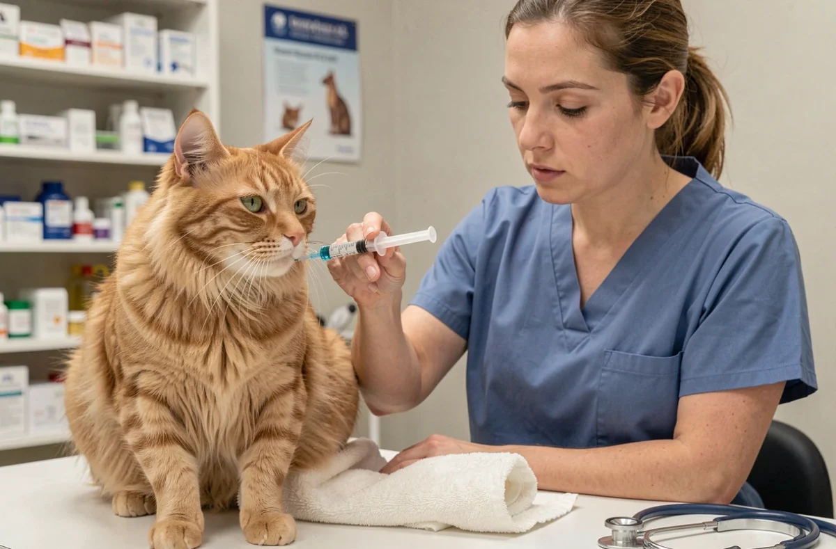 Vétérinaire administrant du Metacam liquide à un chat roux sur une table d'examen dans une clinique vétérinaire