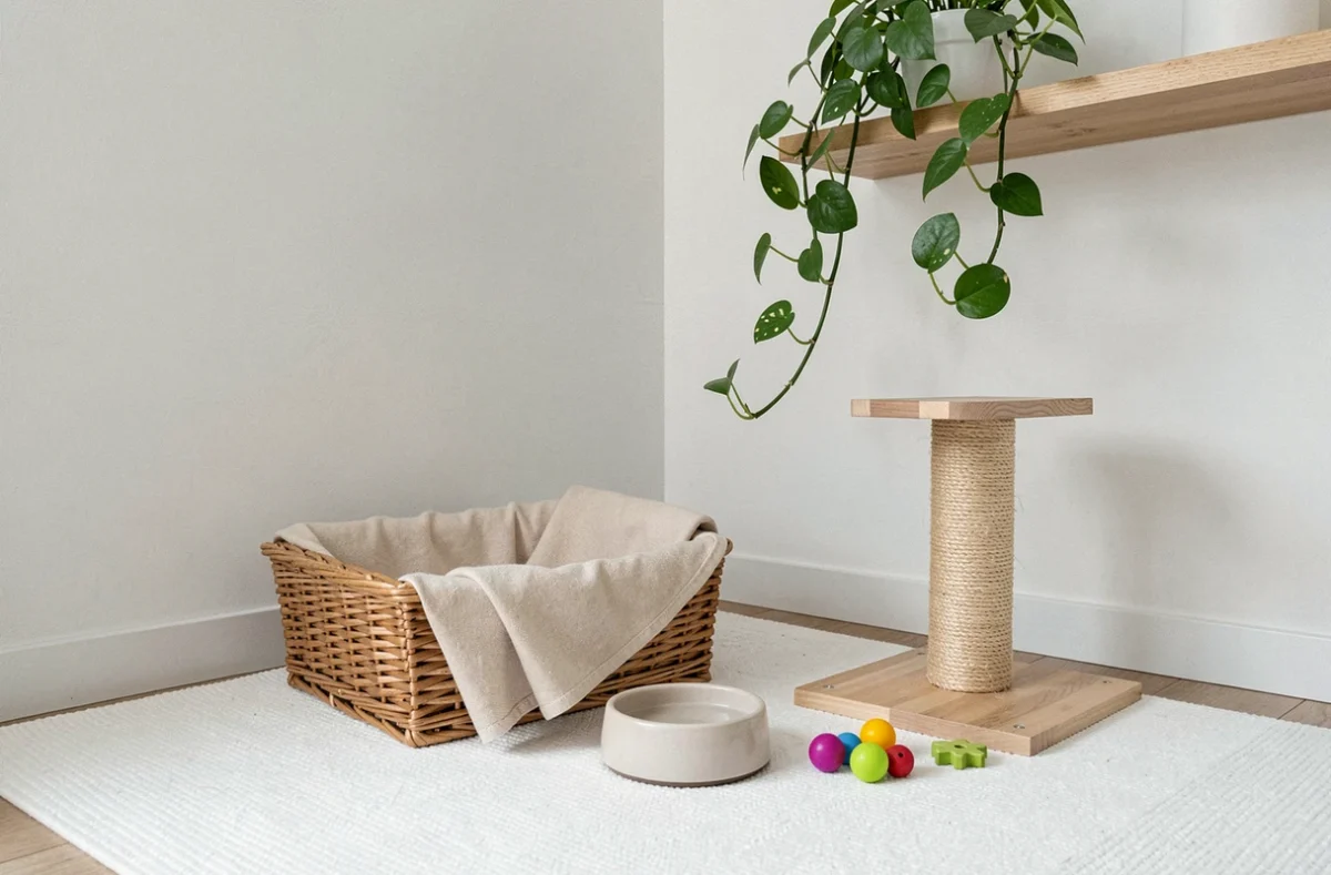Coin bien-être pour chat avec panier en osier, jouets et griffoir en sisal, aménagement idéal pour accueillir un premier chat sans stress