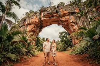Couple de visiteurs souriants devant l'arche de Méo en Nouvelle-Calédonie entourée de végétation tropicale