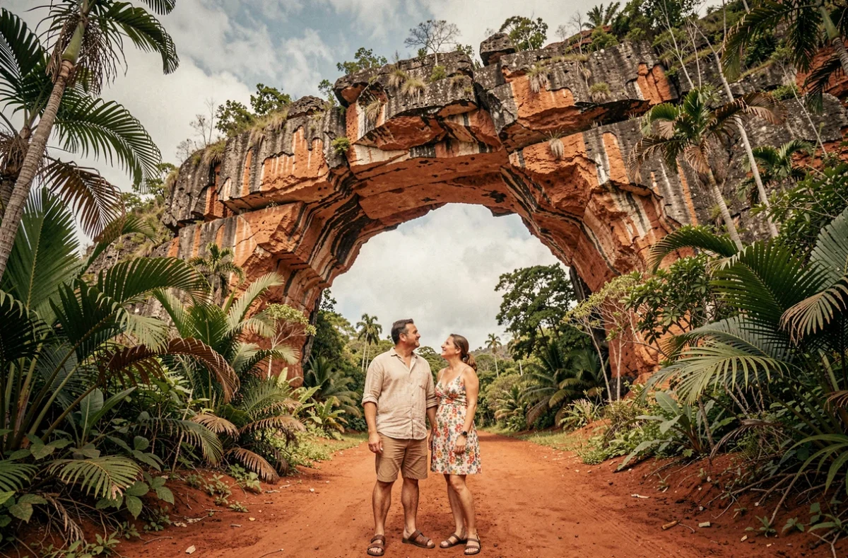 Couple de visiteurs souriants devant l'arche de Méo en Nouvelle-Calédonie entourée de végétation tropicale