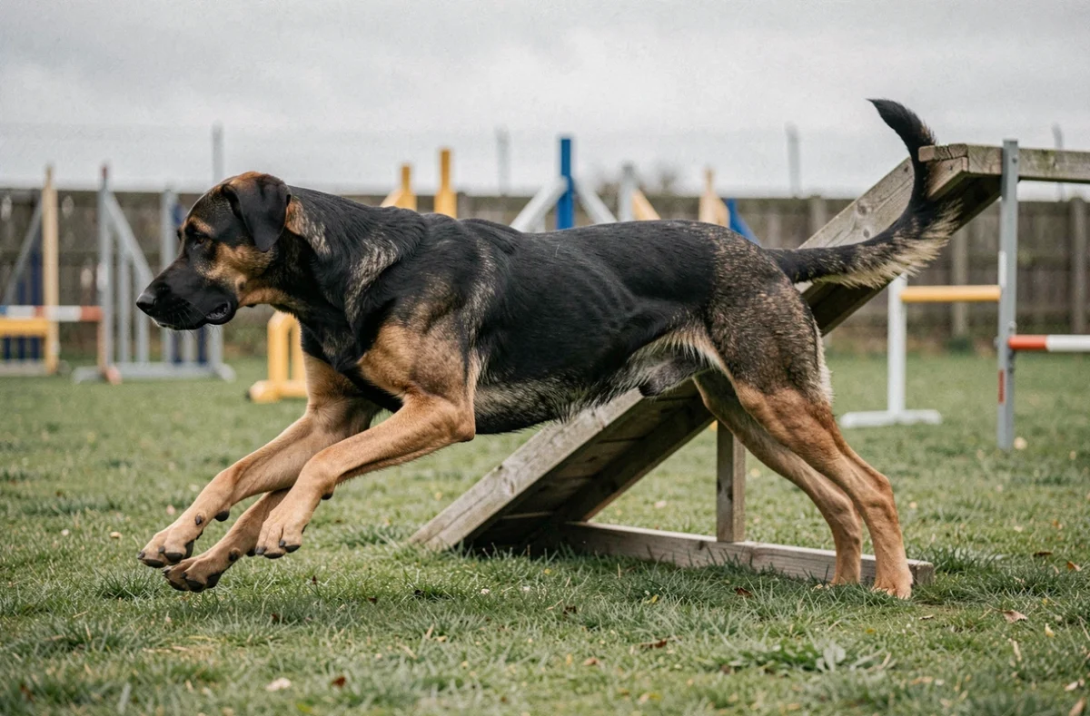 Beauceron en plein effort sur un parcours d'agility, illustrant les risques pour l'ergot lors d'activités sportives