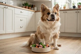 Bouledogue français à poils longs assis devant un bol de nourriture naturelle dans une cuisine moderne