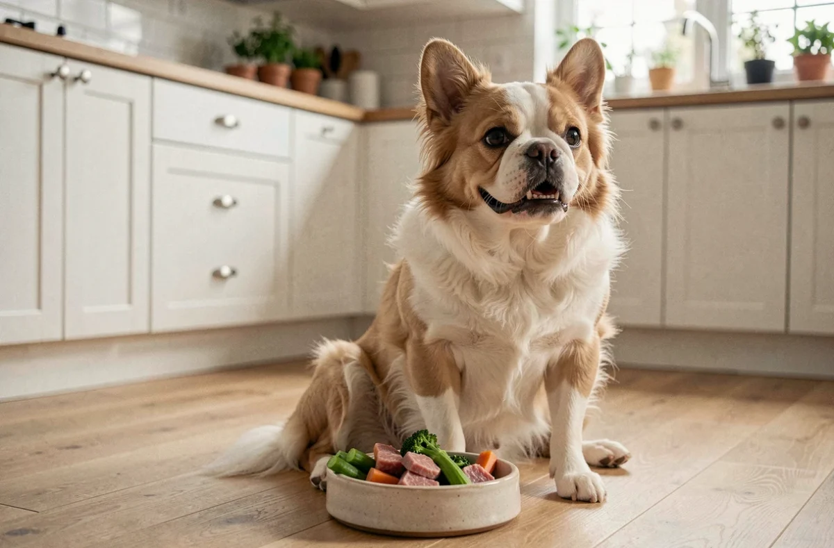 Bouledogue français à poils longs assis devant un bol de nourriture naturelle dans une cuisine moderne