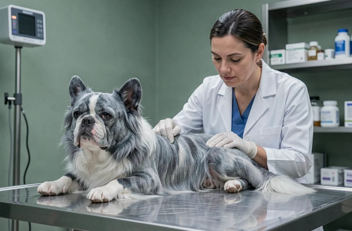 Vétérinaire examinant un bouledogue à poils longs pour diagnostiquer des allergies cutanées