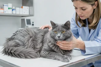 Vétérinaire examinant un chat angora gris sur une table de consultation médicale