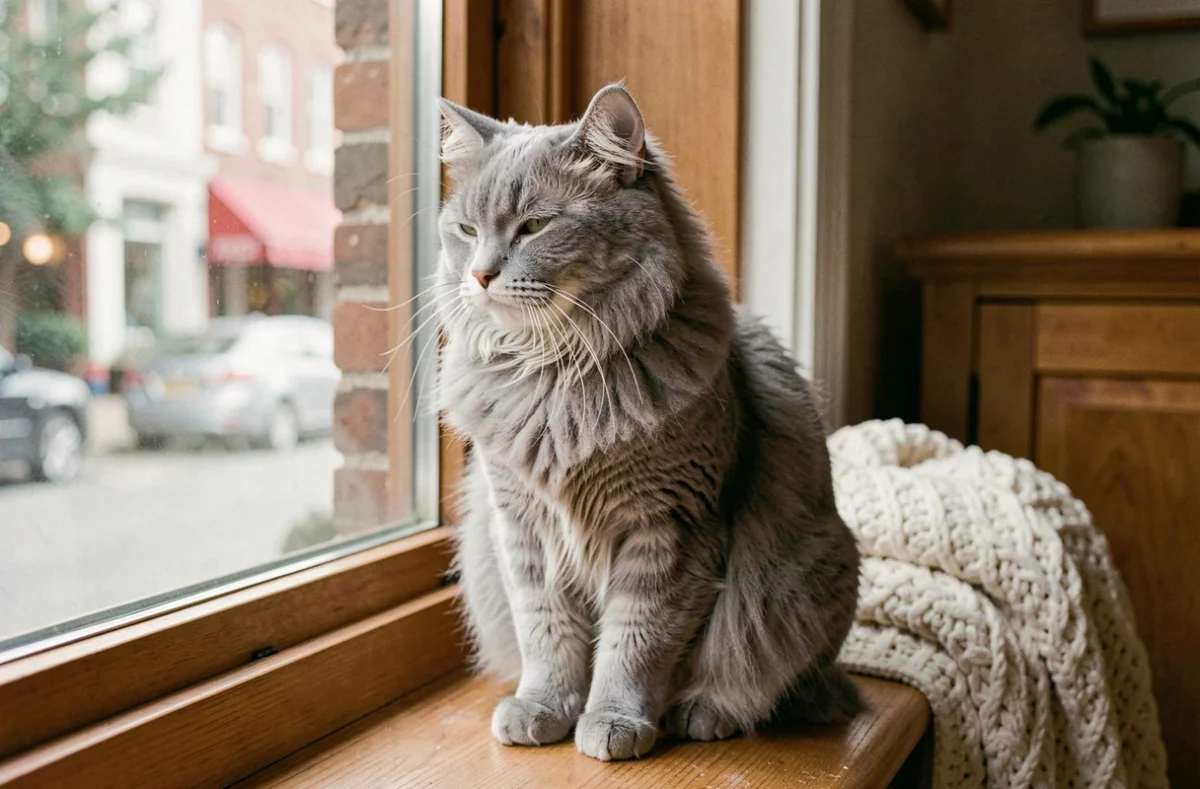 Chat angora gris assis près d'une fenêtre avec une posture léthargique évoquant un problème de santé