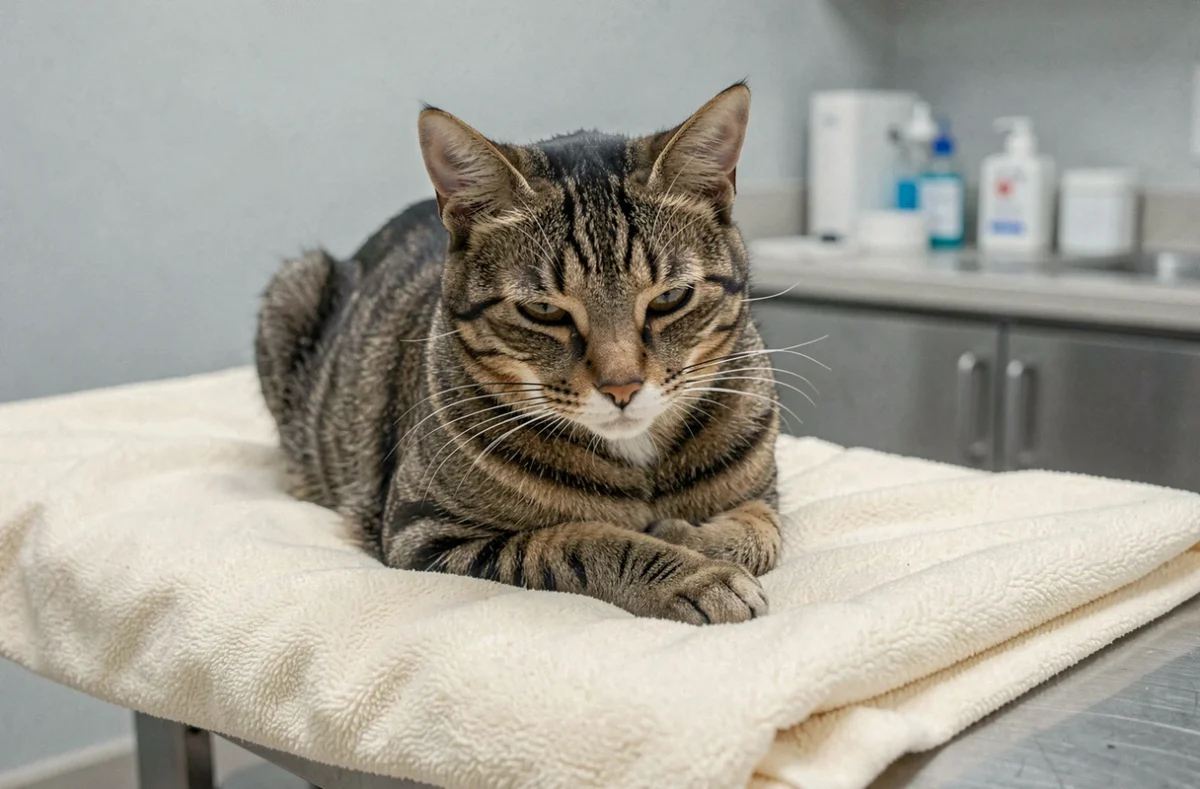 Chat tabby âgé allongé sur une table vétérinaire, expression fatiguée évoquant la douleur articulaire ou l'arthrose