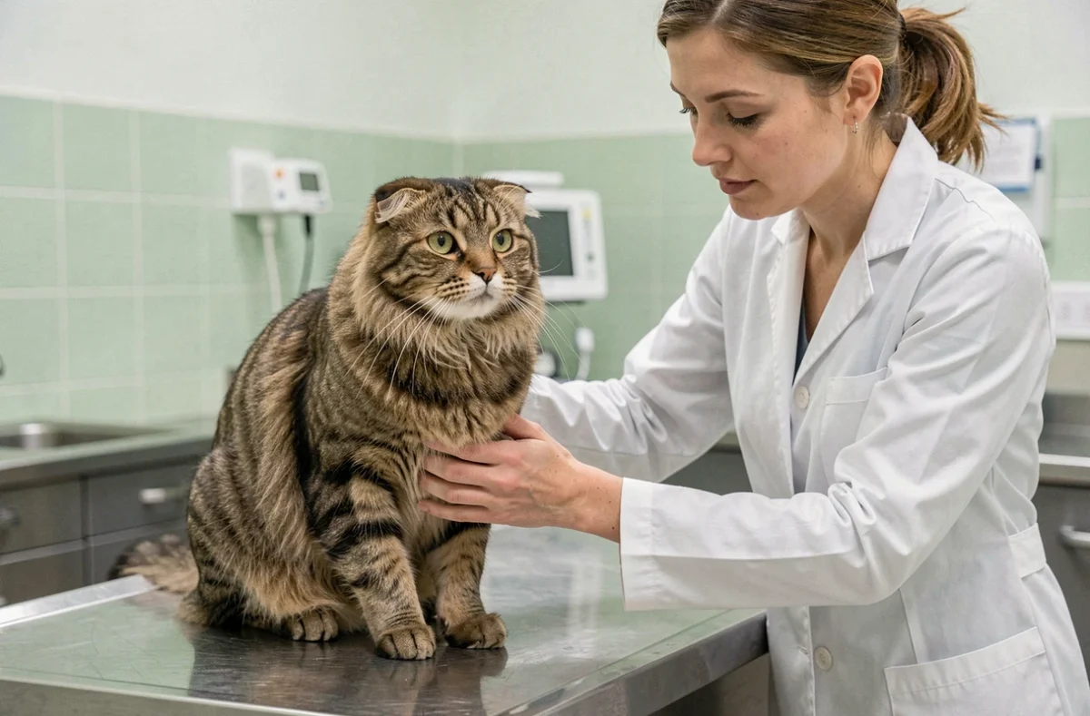 Vétérinaire examinant un chat Highlander tabby sur une table de consultation dans une clinique vétérinaire propre et moderne