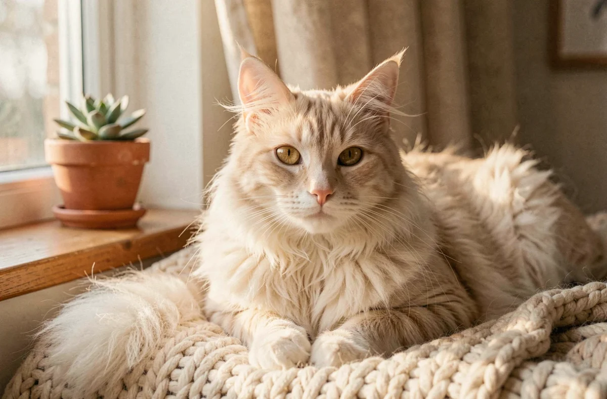 Chat Highlander aux oreilles recourbées se reposant sur une couverture en laine près d'une fenêtre dans un intérieur chaleureux et confortable