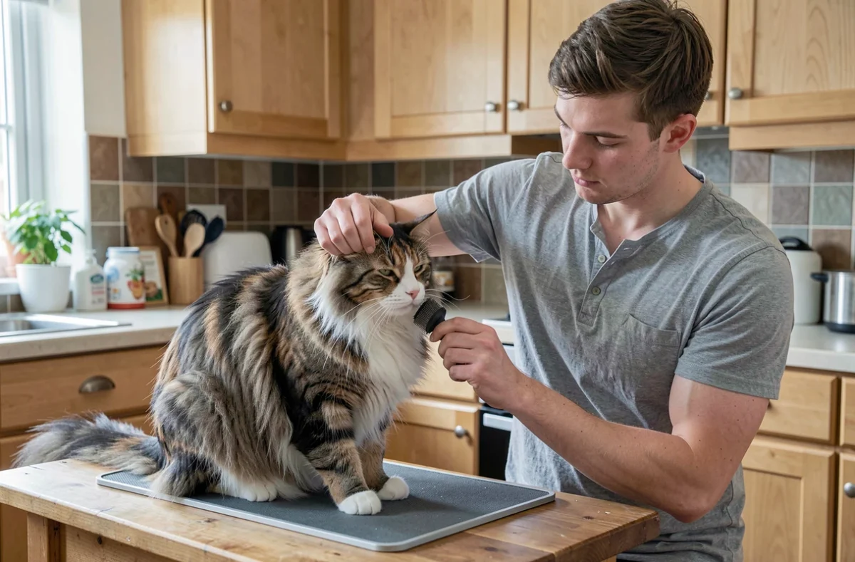 Propriétaire brossant le pelage épais d'un chat Highlander bicolore sur une table en bois dans une cuisine domestique authentique
