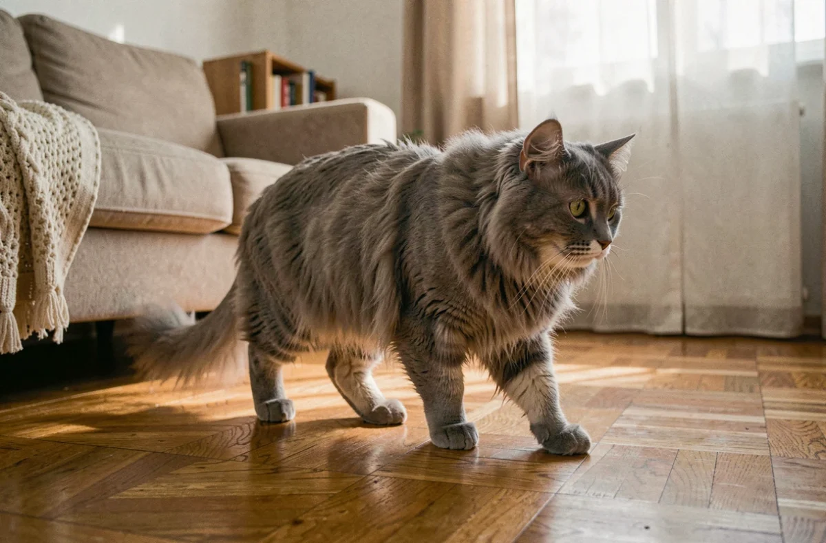 Vieux chat persan gris marchant avec difficulté sur un parquet en bois dans un salon, signe d'arthrose féline