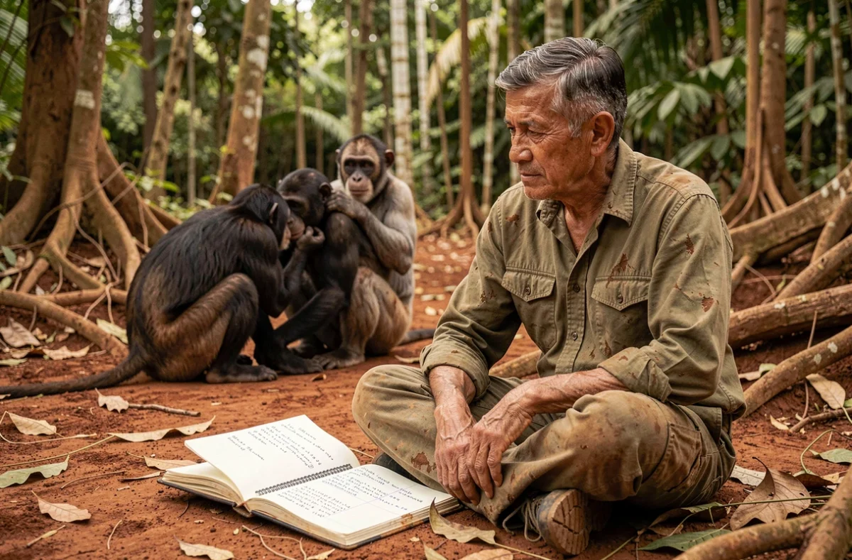 Chercheur de terrain notant des données comportementales sur des bonobos en enclos semi-naturel pour mesurer l'impact des soins
