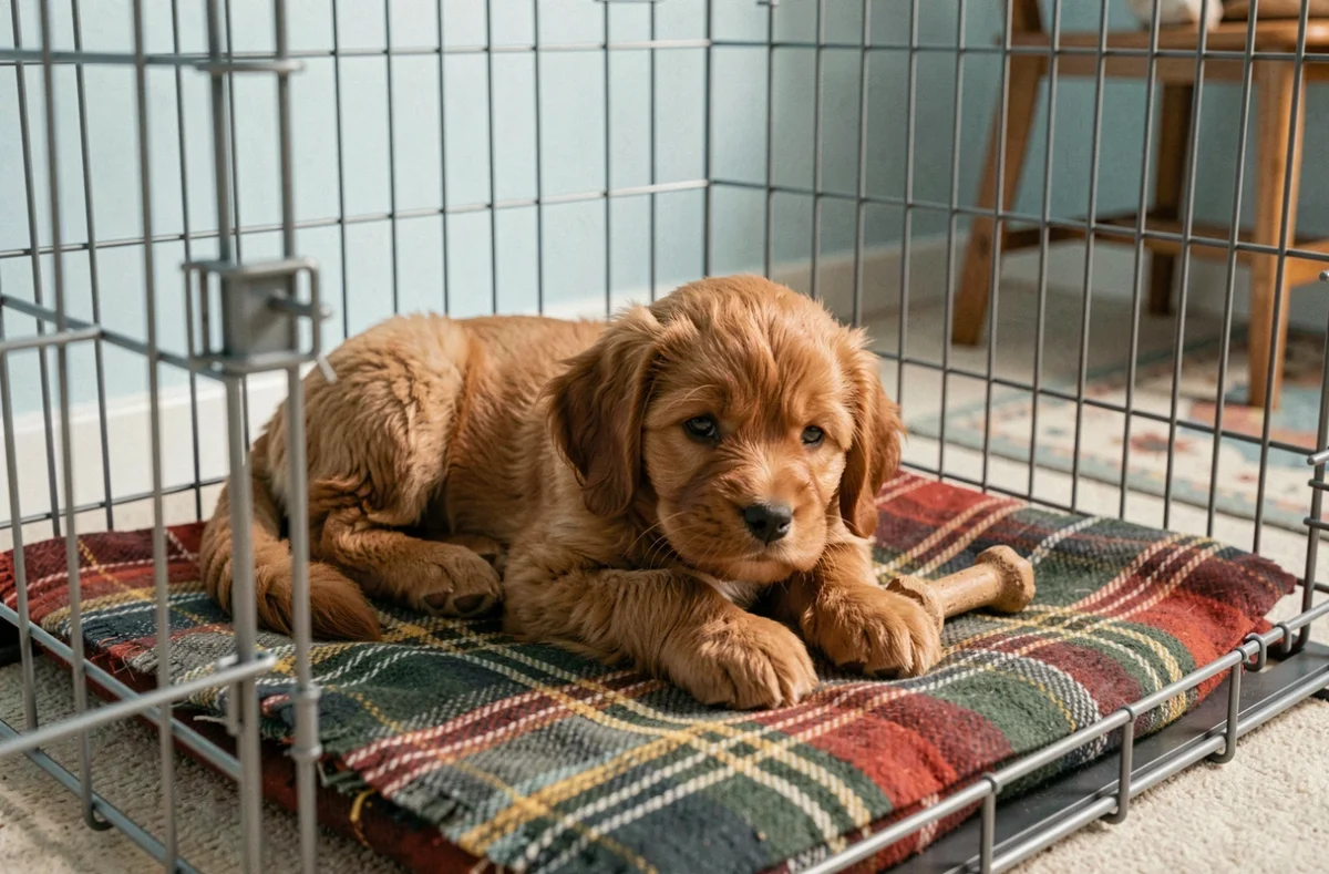Chiot Eurasier roux allongé sereinement dans une caisse ouverte avec un jouet à mâcher, illustrant l'apprentissage positif de la caisse comme espace sécurisant dès le jeune âge