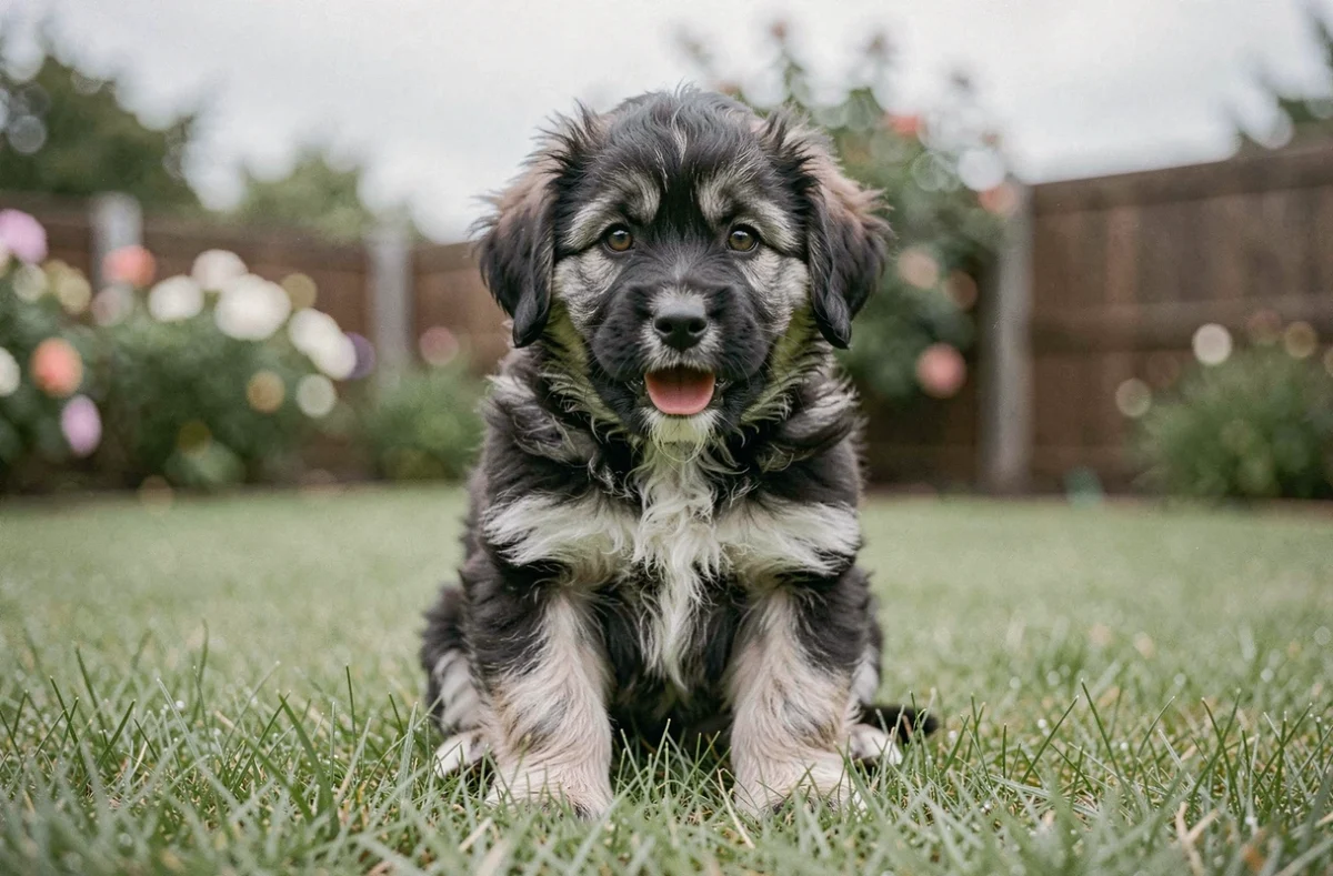 Chiot Eurasier au pelage sable-loup assis sur une pelouse verte en jardin, regard curieux vers l'objectif, représentant les premières découvertes de l'environnement extérieur
