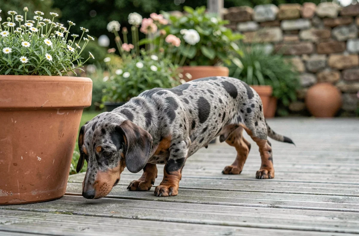 Chiot teckel arlequin poil ras explorant une terrasse en bois dans un jardin résidentiel français avec pot en terre cuite