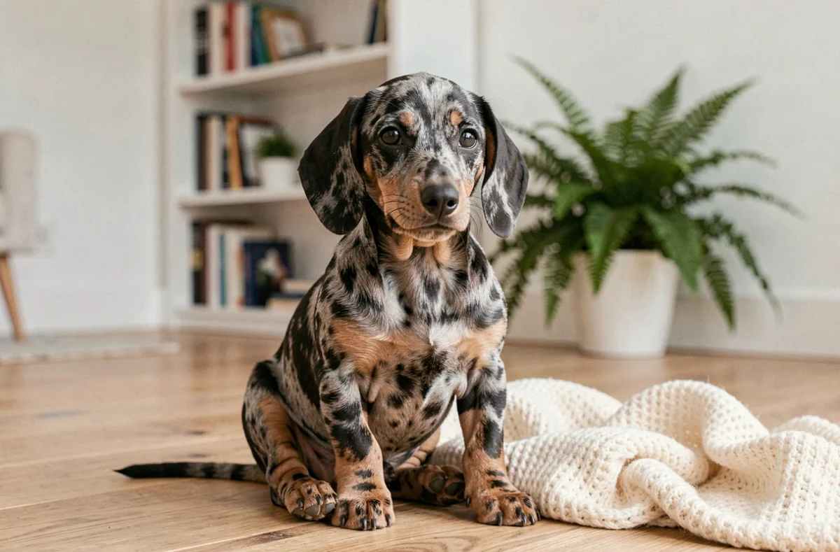 Chiot teckel arlequin poil ras assis sur parquet en bois avec couverture crème dans un salon scandinave