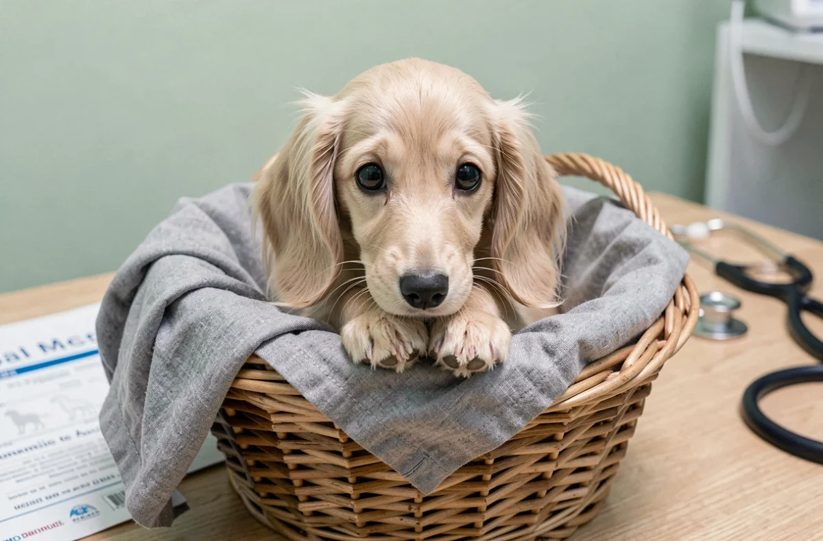 Chiot teckel poil long dans un panier chez le vétérinaire en France