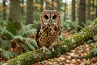 Chouette hulotte perchée sur une branche de chêne en forêt tempérée, montrant son disque facial rond caractéristique sans aigrettes
