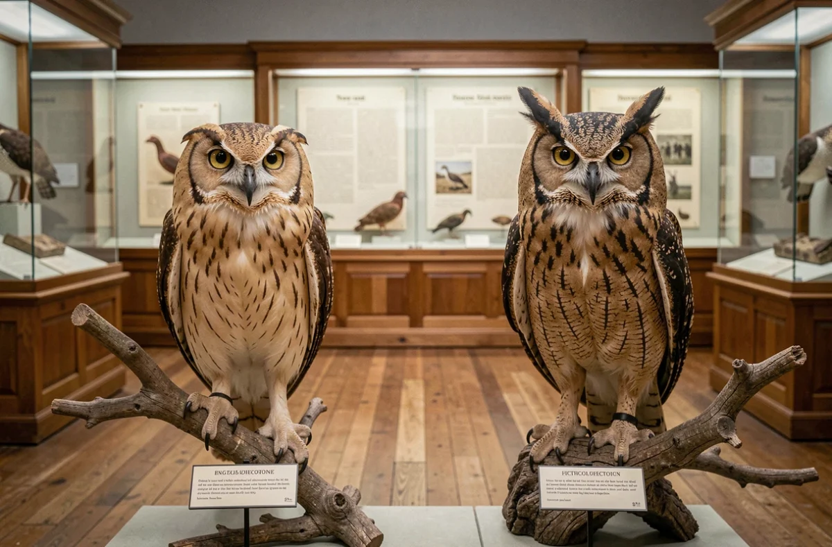 Comparaison entre une chouette et un hibou naturalisés dans un musée d'histoire naturelle, illustrant la présence ou l'absence d'aigrettes sur la tête