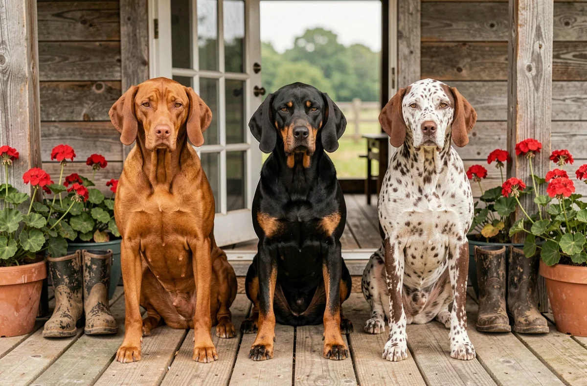 Trois races de Coonhounds côte à côte sur un porche de ferme rustique pour une comparaison visuelle des races