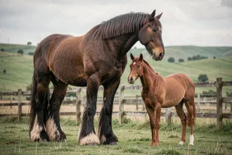 Comparaison de taille entre un grand cheval de trait Shire et un cheval quarter horse de taille moyenne dans un pré verdoyant