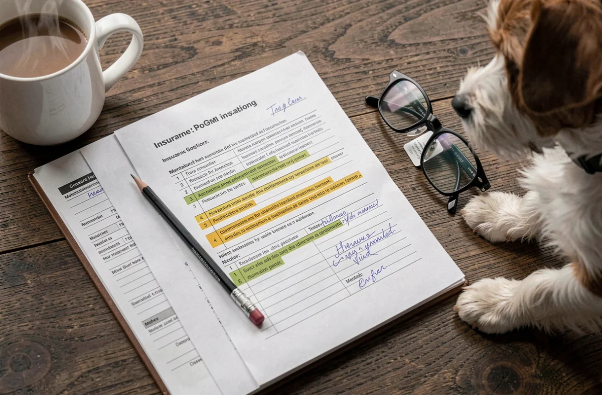 Vue aérienne d'un contrat d'assurance chien annoté avec franchise et exclusions mis en évidence sur un bureau en bois