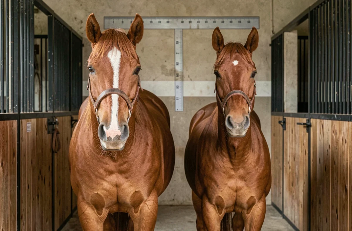 Deux chevaux côte à côte dans un couloir d'écurie montrant la différence de taille entre un cheval belge de trait et un pur-sang de taille moyenne
