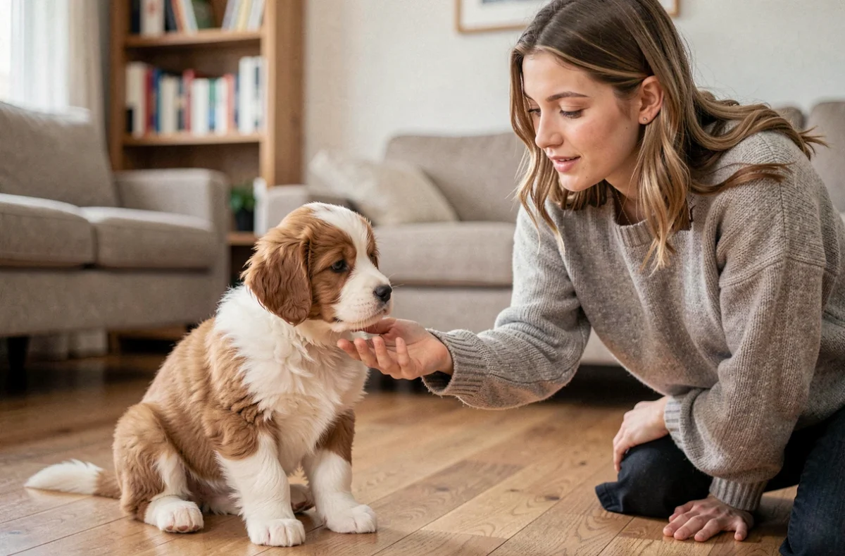 Jeune femme s'accroupissant pour interagir calmement avec un chiot Eurasier crème à la maison, illustrant une approche éducative bienveillante dès les premières semaines