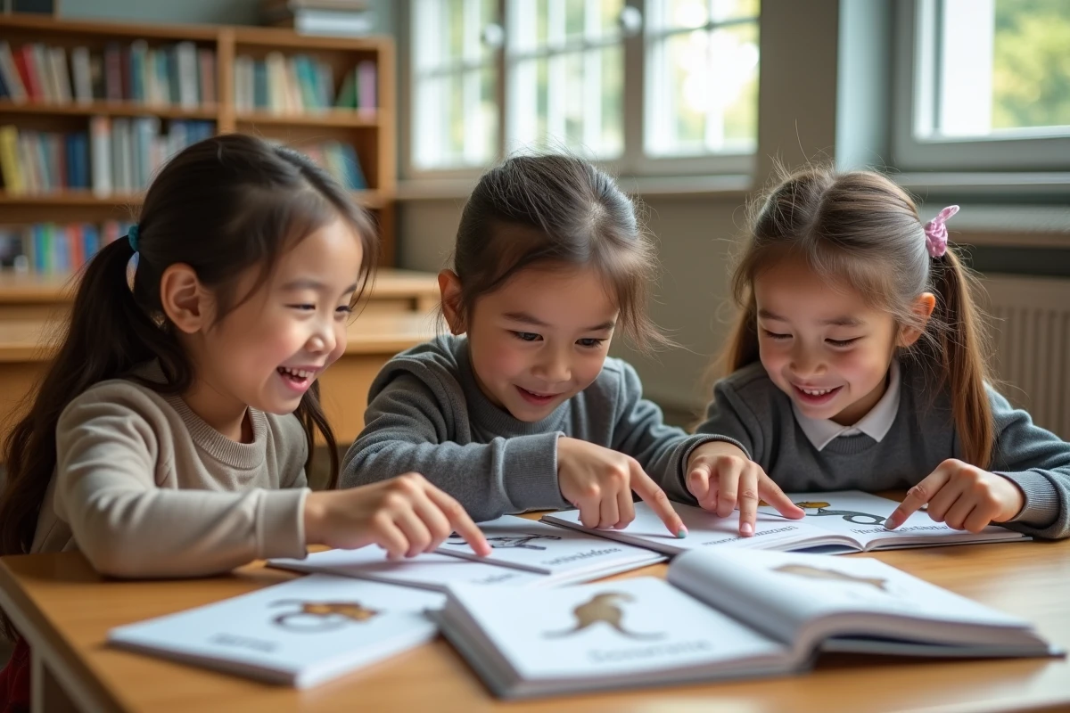 Groupe d'élèves découvrant des fiches vocabulaire d'animaux commençant par la lettre U autour d'un bureau scolaire