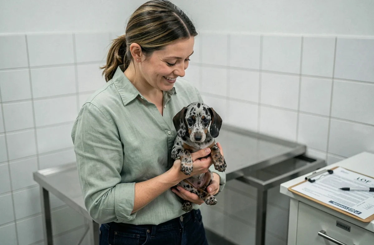 Éleveuse professionnelle tenant un chiot teckel arlequin LOF dans un espace d'élevage avec documents de pedigree