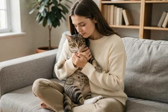 Jeune femme tenant doucement un chaton tigré contre elle sur un canapé en lin gris, ambiance chaleureuse et apaisante pour accueillir un premier chat