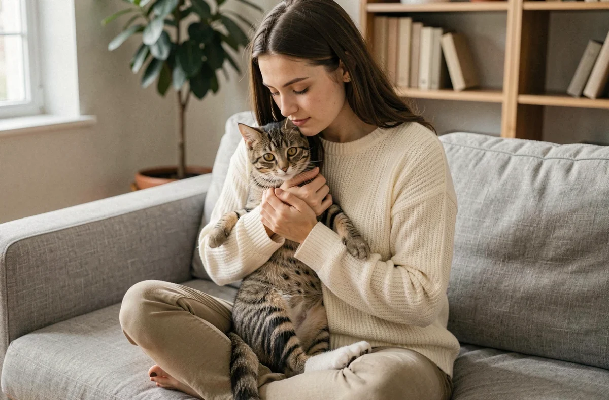Jeune femme tenant doucement un chaton tigré contre elle sur un canapé en lin gris, ambiance chaleureuse et apaisante pour accueillir un premier chat