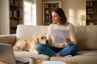 Femme consultant des documents d'assurance pour son chien golden retriever sur un canapé à la maison