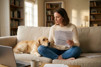 Femme consultant des documents d'assurance pour son chien golden retriever sur un canapé à la maison