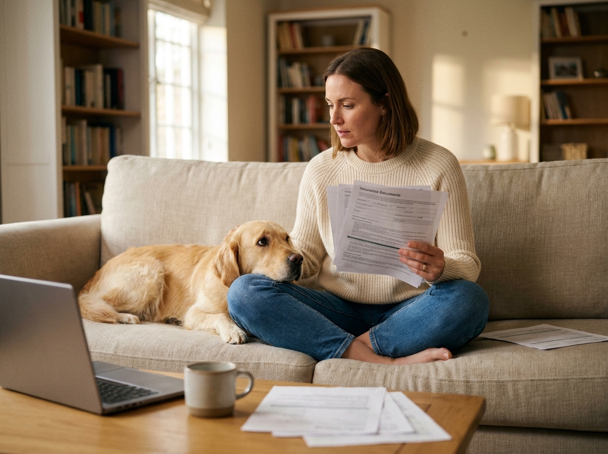 Femme consultant des documents d'assurance pour son chien golden retriever sur un canapé à la maison