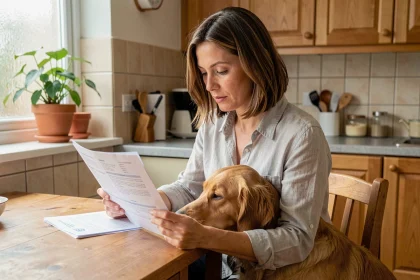 Femme lisant attentivement un contrat d'assurance chien avec son golden retriever à ses côtés dans une cuisine chaleureuse